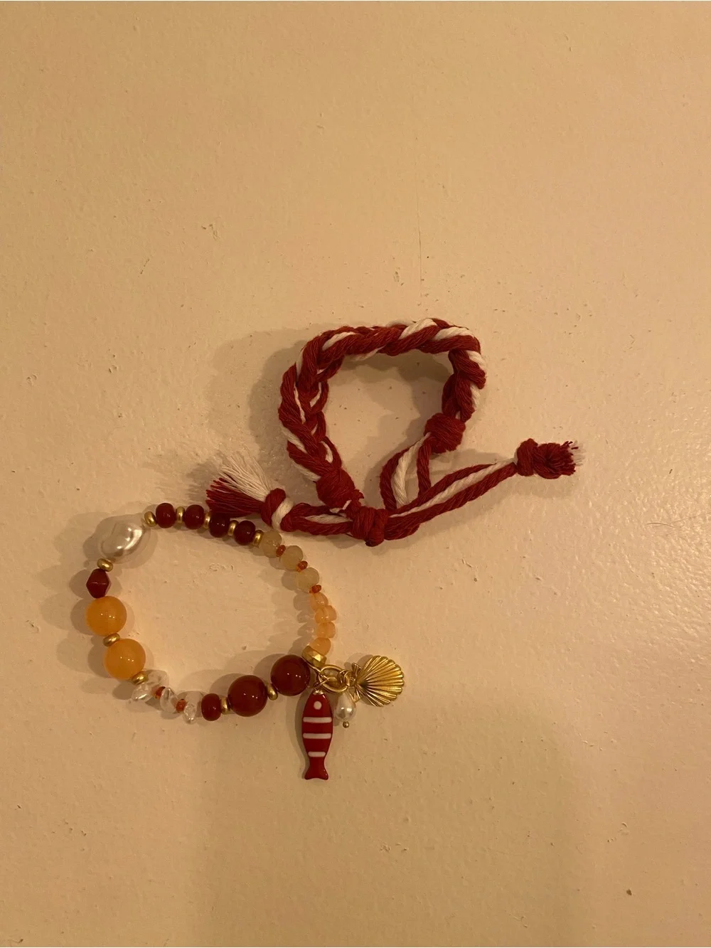 Nautical Red Beaded Charm & Braided Bracelet Set – New